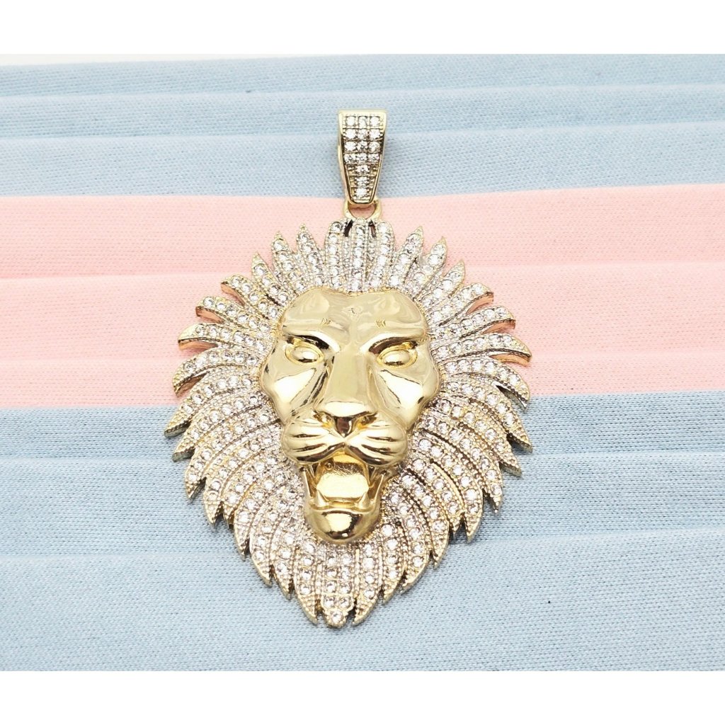 Unique Large 10k Karat Solid Yellow Gold Designer 3d Lion Head Cz Charm Pendant